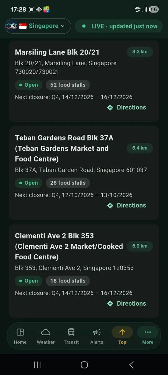 Phone showing a Directions button on a hawker centre listing in PantauSivik